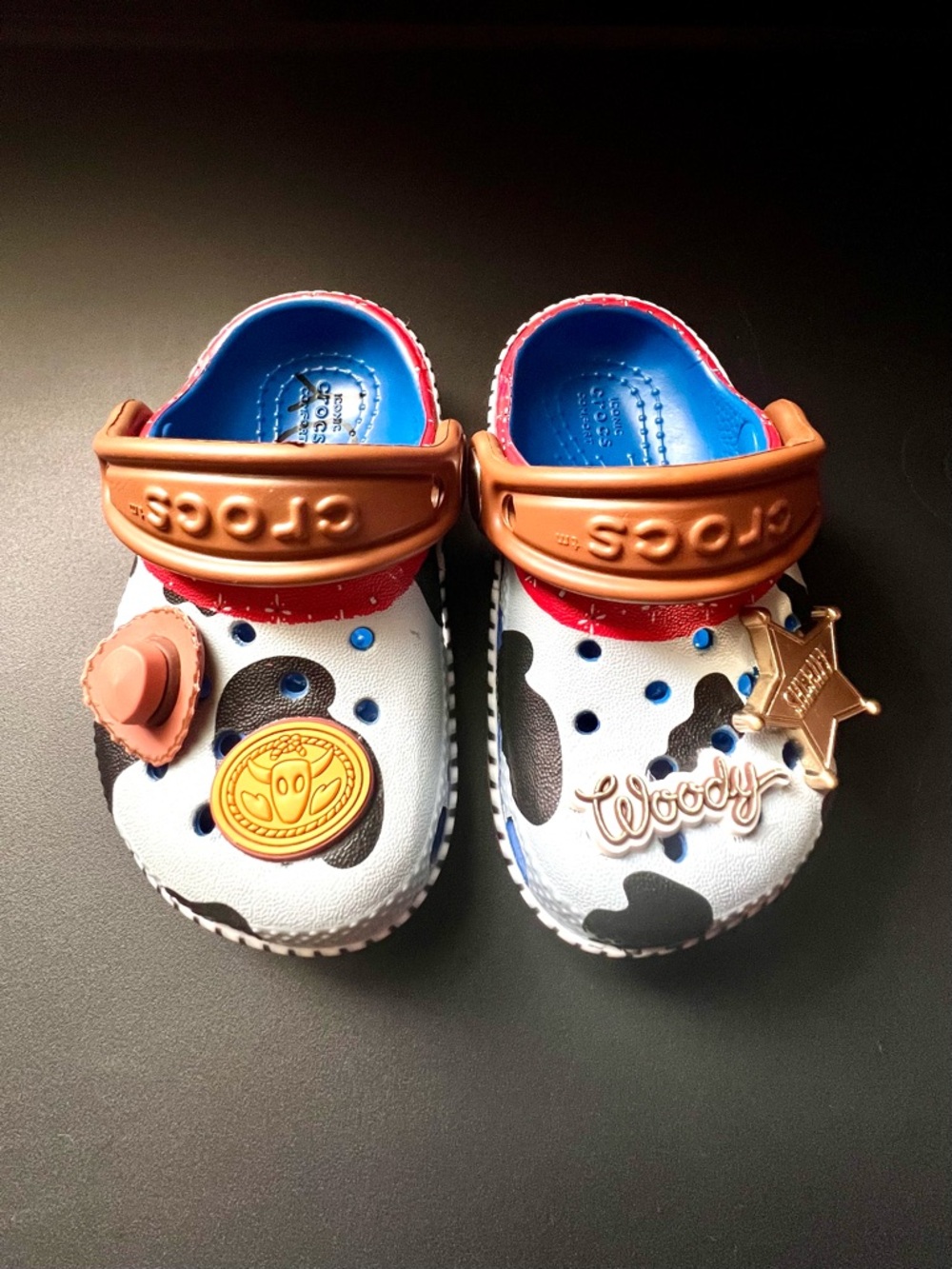 CROCS Kids Woody Cow Print Clog - White, Brown, Blue & Red